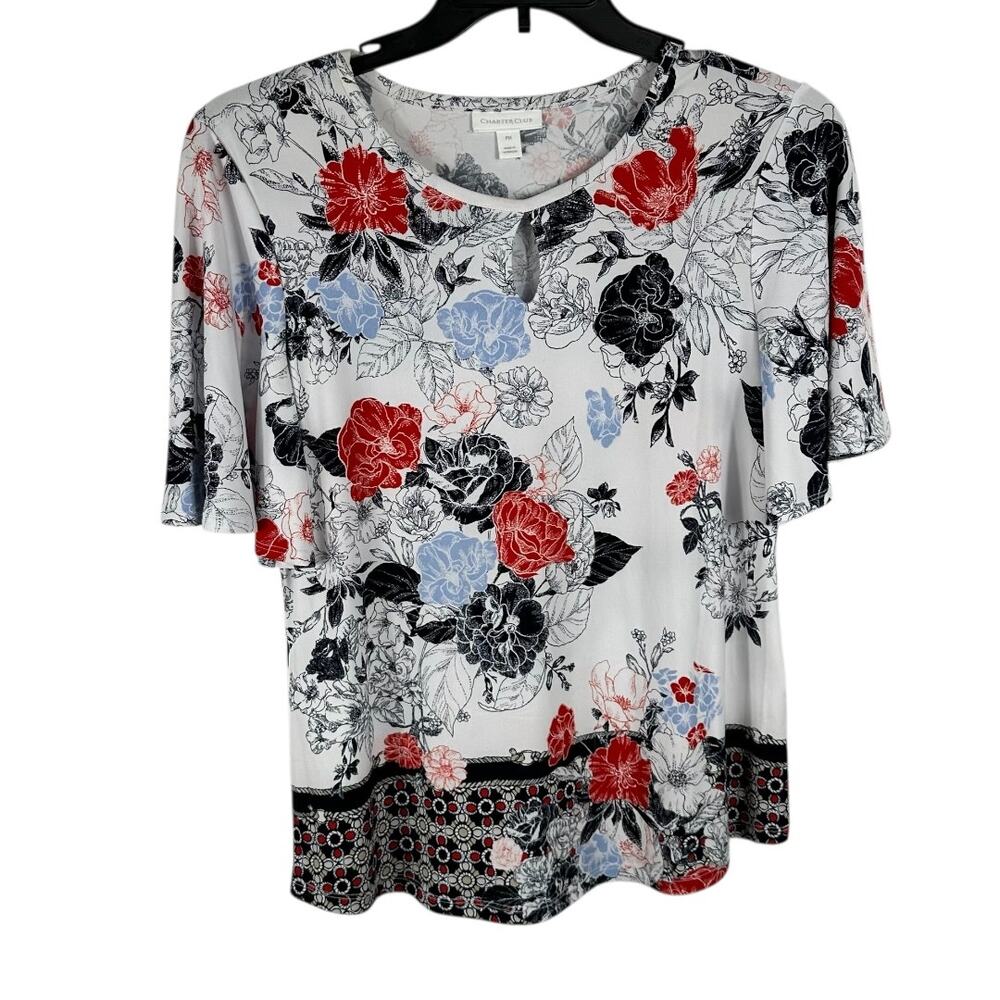 Charter Club Floral White Red Black Elbow Sleeve Top Petite Medium
